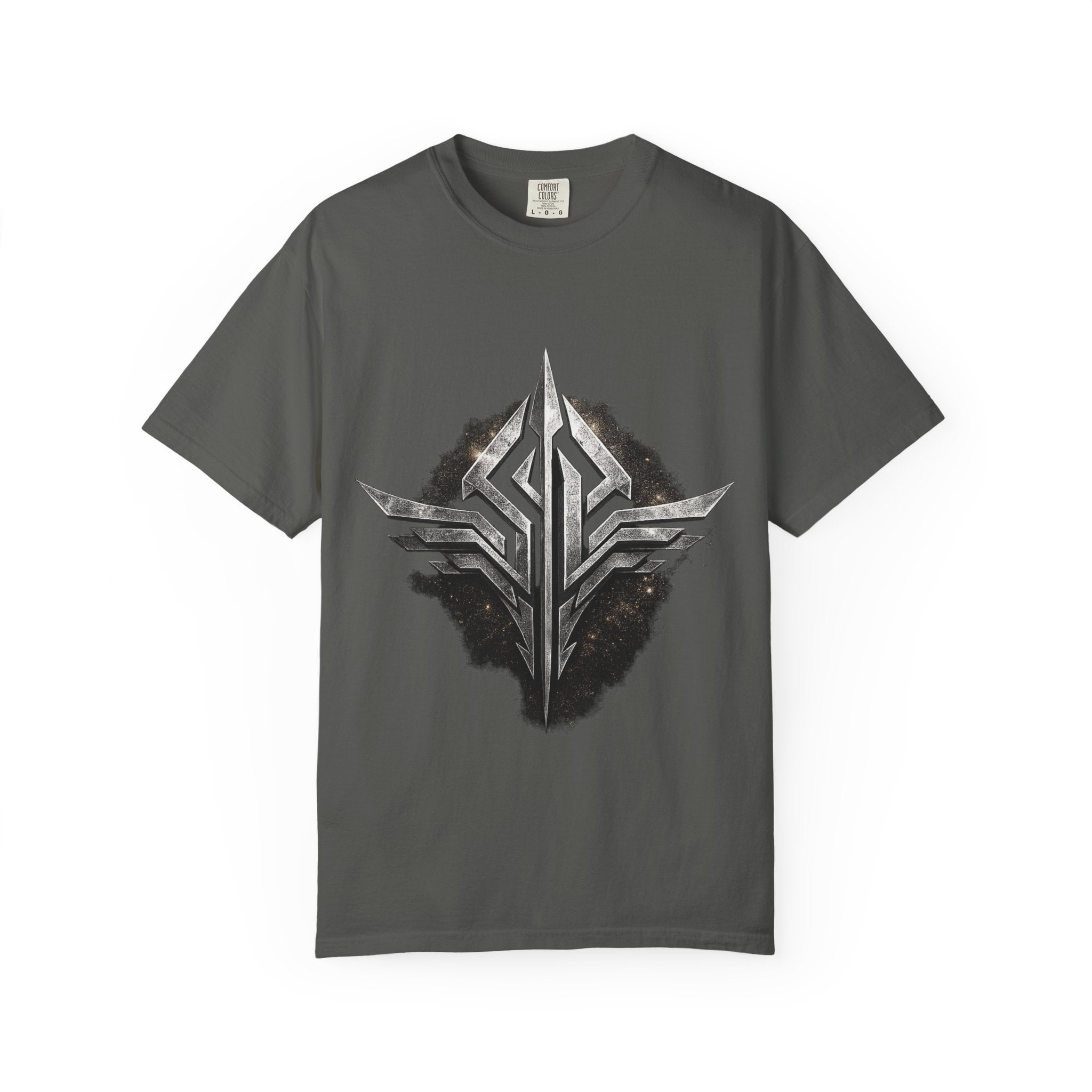 Futuristic Metal Emblem Graphic T‑Shirt