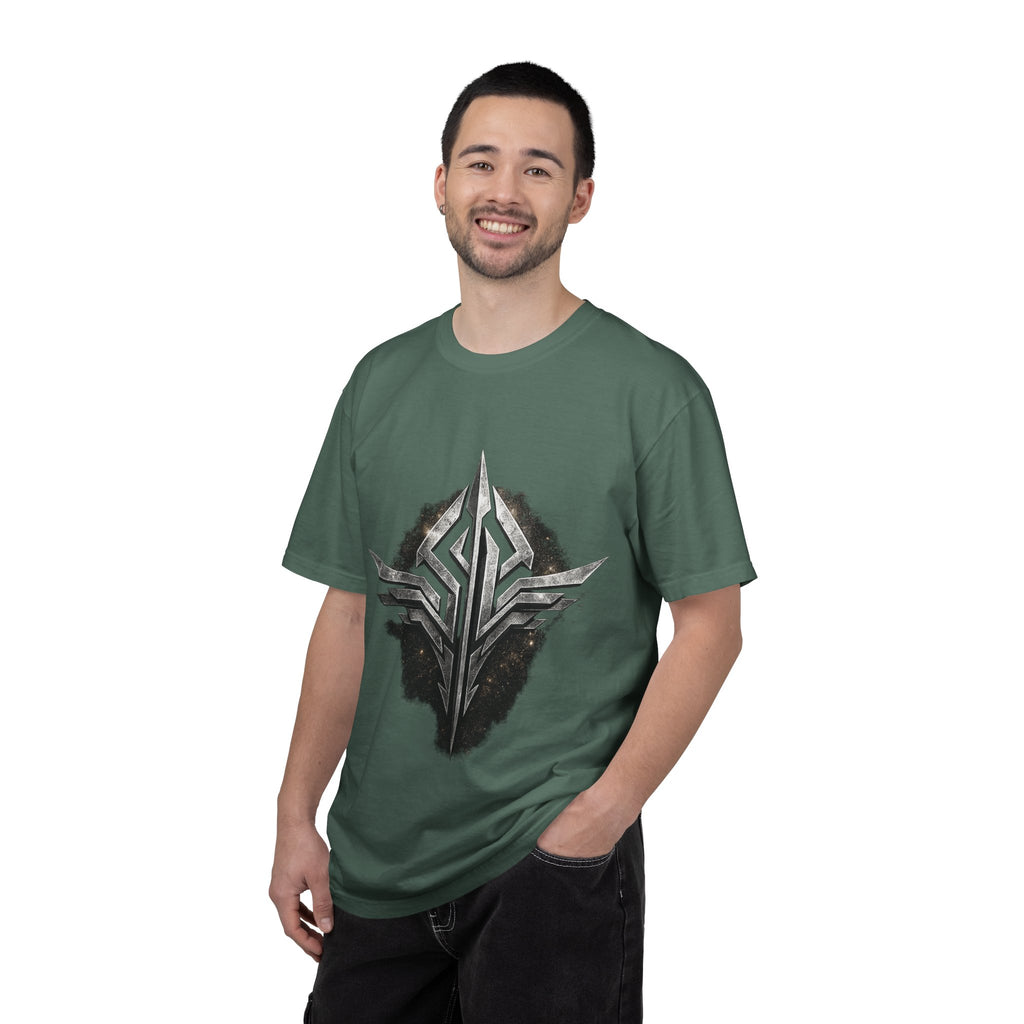 Futuristic Metal Emblem Graphic T‑Shirt