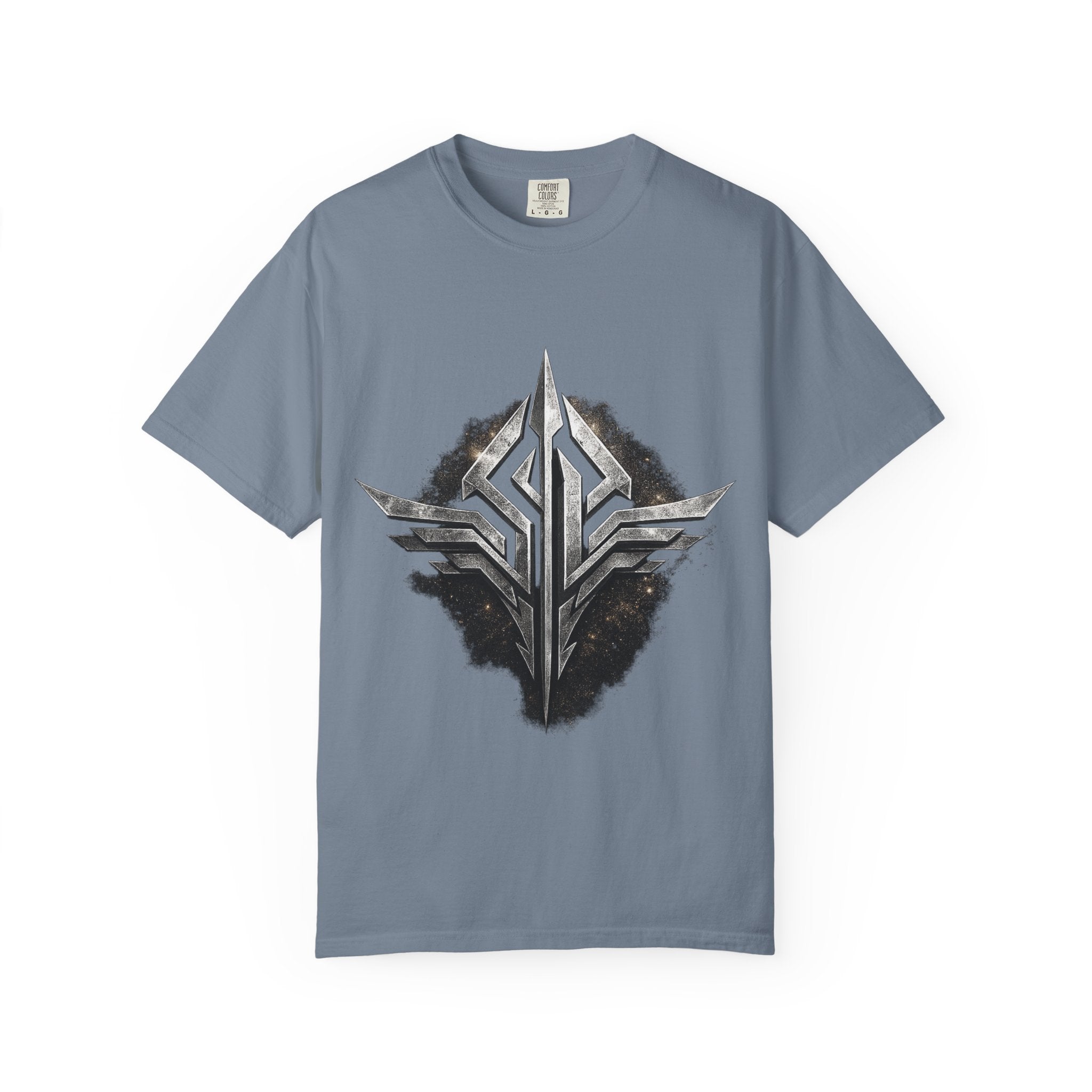 Futuristic Metal Emblem Graphic T‑Shirt