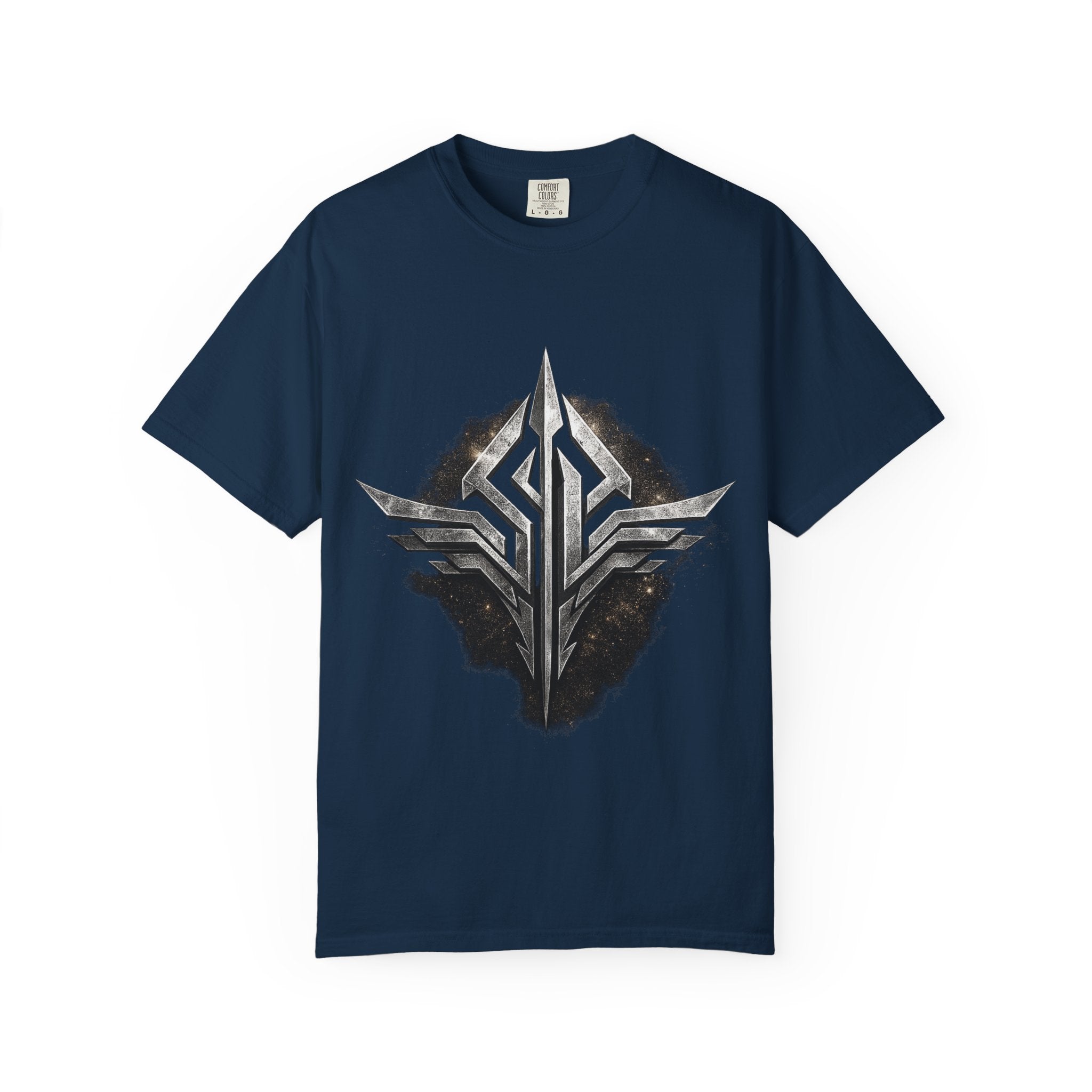 Futuristic Metal Emblem Graphic T‑Shirt