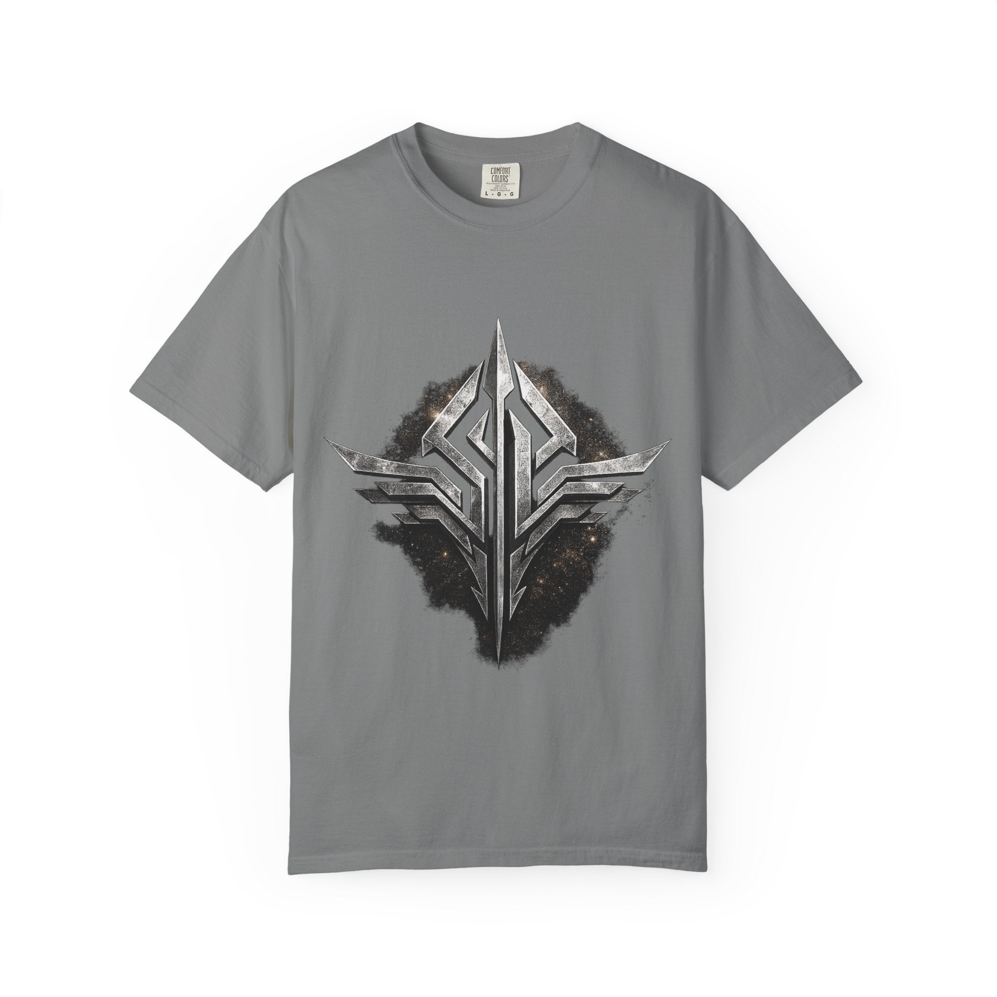 Futuristic Metal Emblem Graphic T‑Shirt