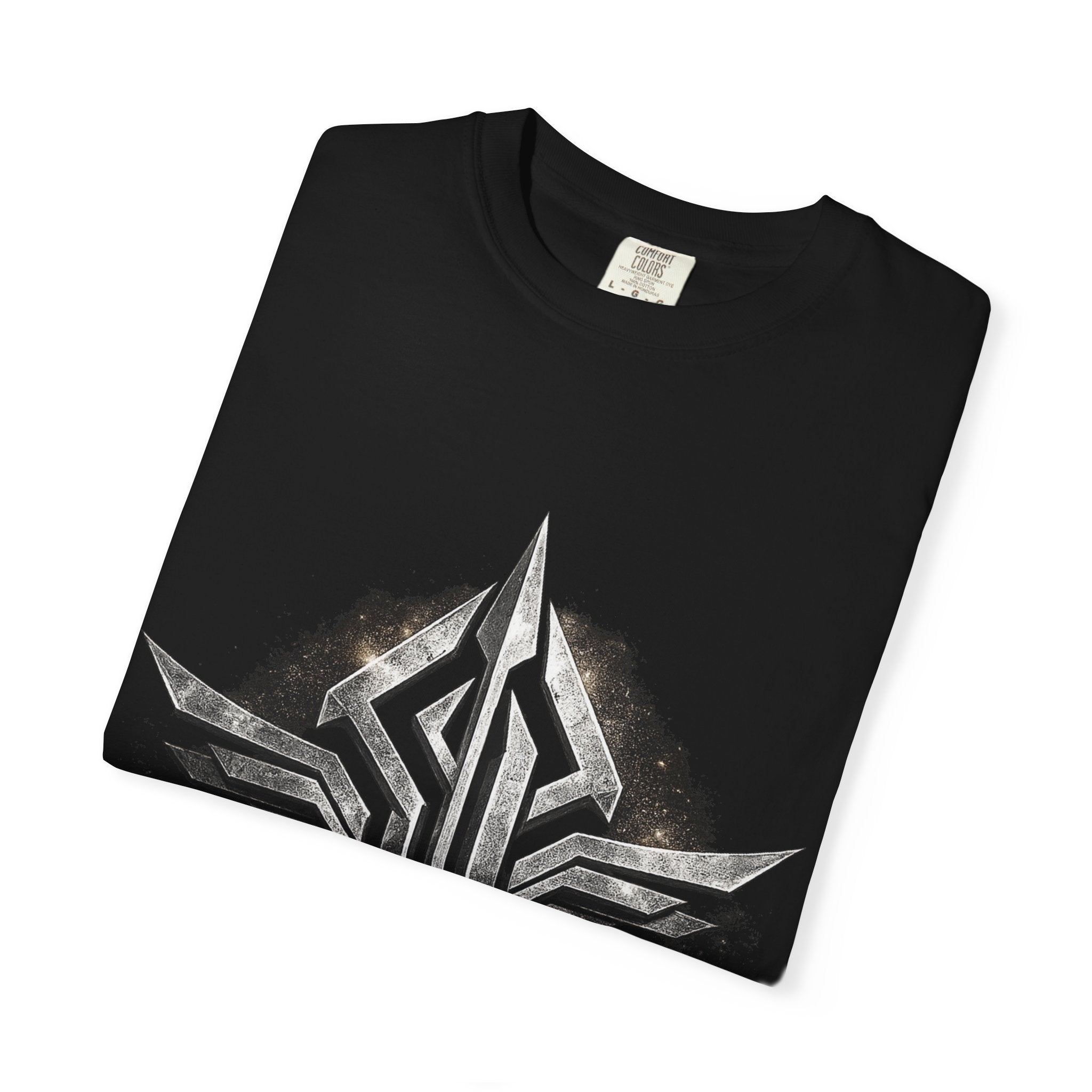 Futuristic Metal Emblem Graphic T‑Shirt