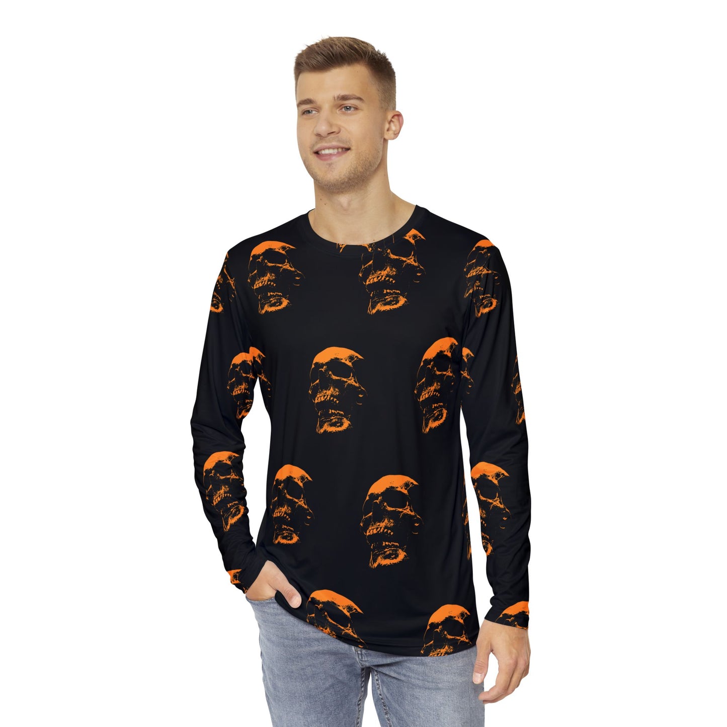 Men's Long Sleeve Skull Print Shirt | Edgy Halloween Loungewear, Gothic Casual Style, Unique Graphic Tee, Perfect Gift for Men