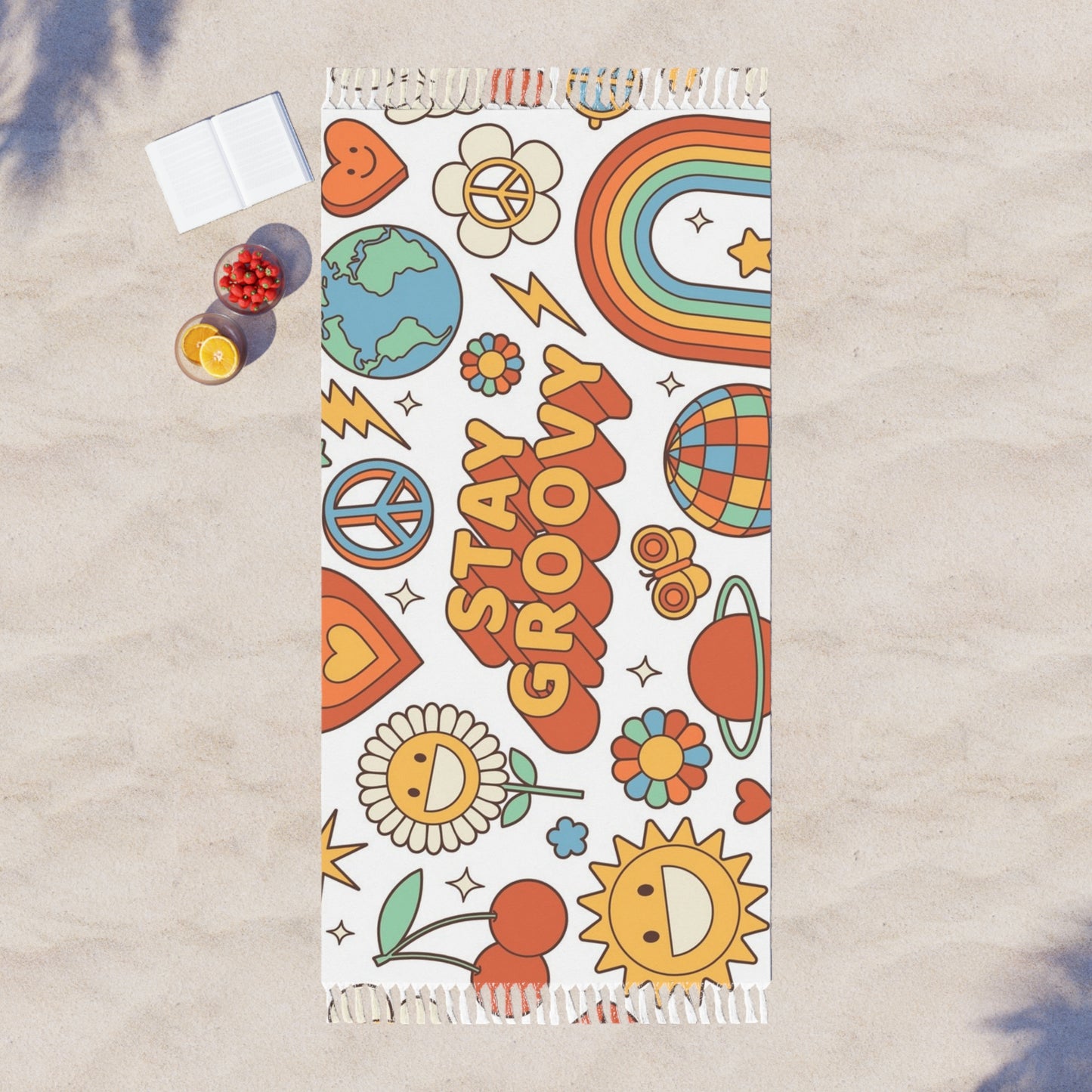 Groove & Glow Boho Beach Blanket | Retro Towel, Summer Throw, Festival Mat & Hippie Beach Vibe Accessory