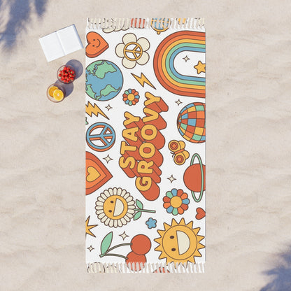 Groove & Glow Boho Beach Blanket | Retro Towel, Summer Throw, Festival Mat & Hippie Beach Vibe Accessory