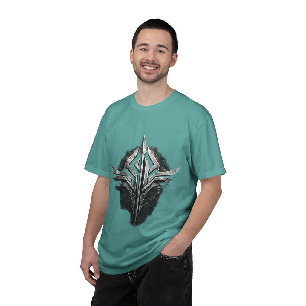 Futuristic Metal Emblem Graphic T‑Shirt