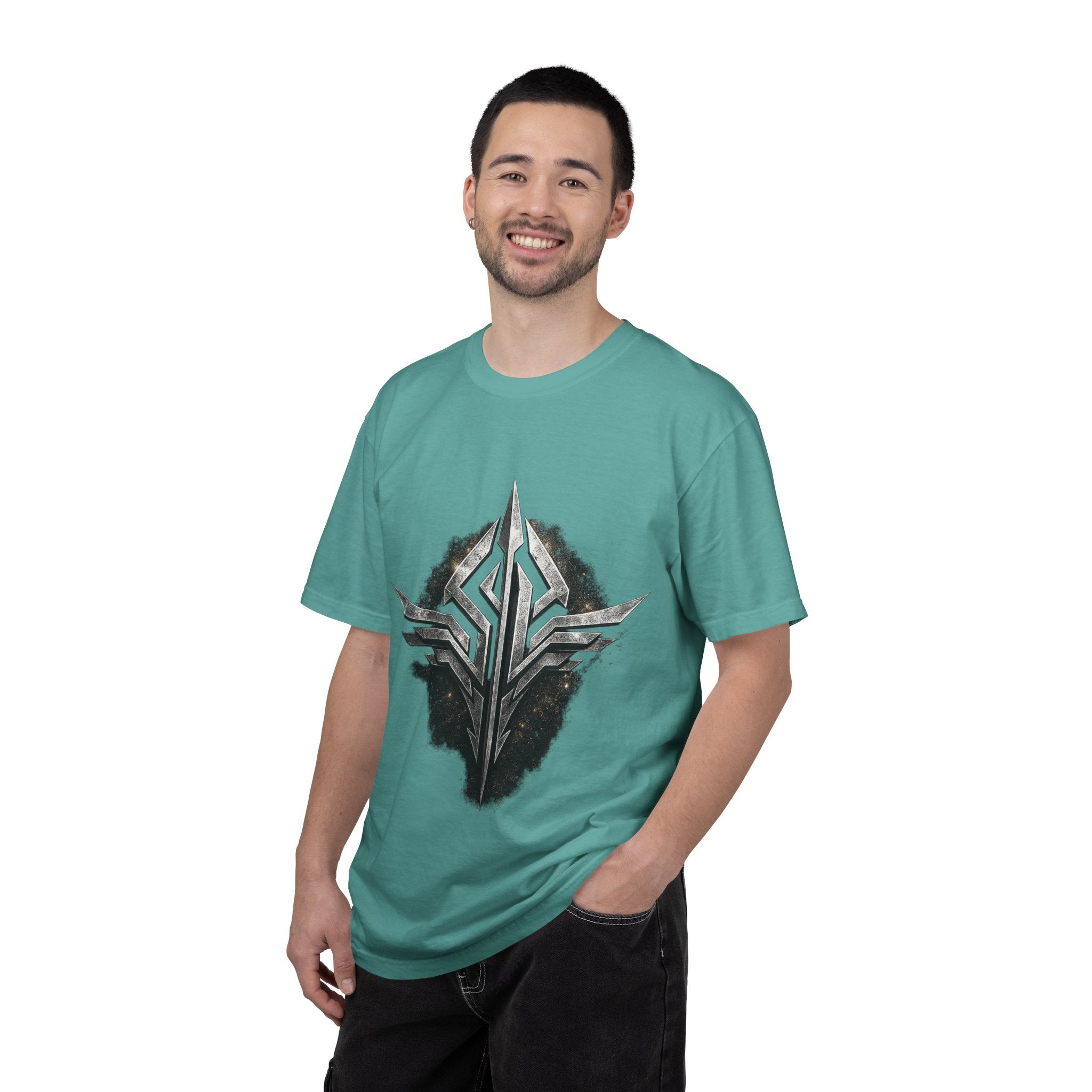 Futuristic Metal Emblem Graphic T‑Shirt
