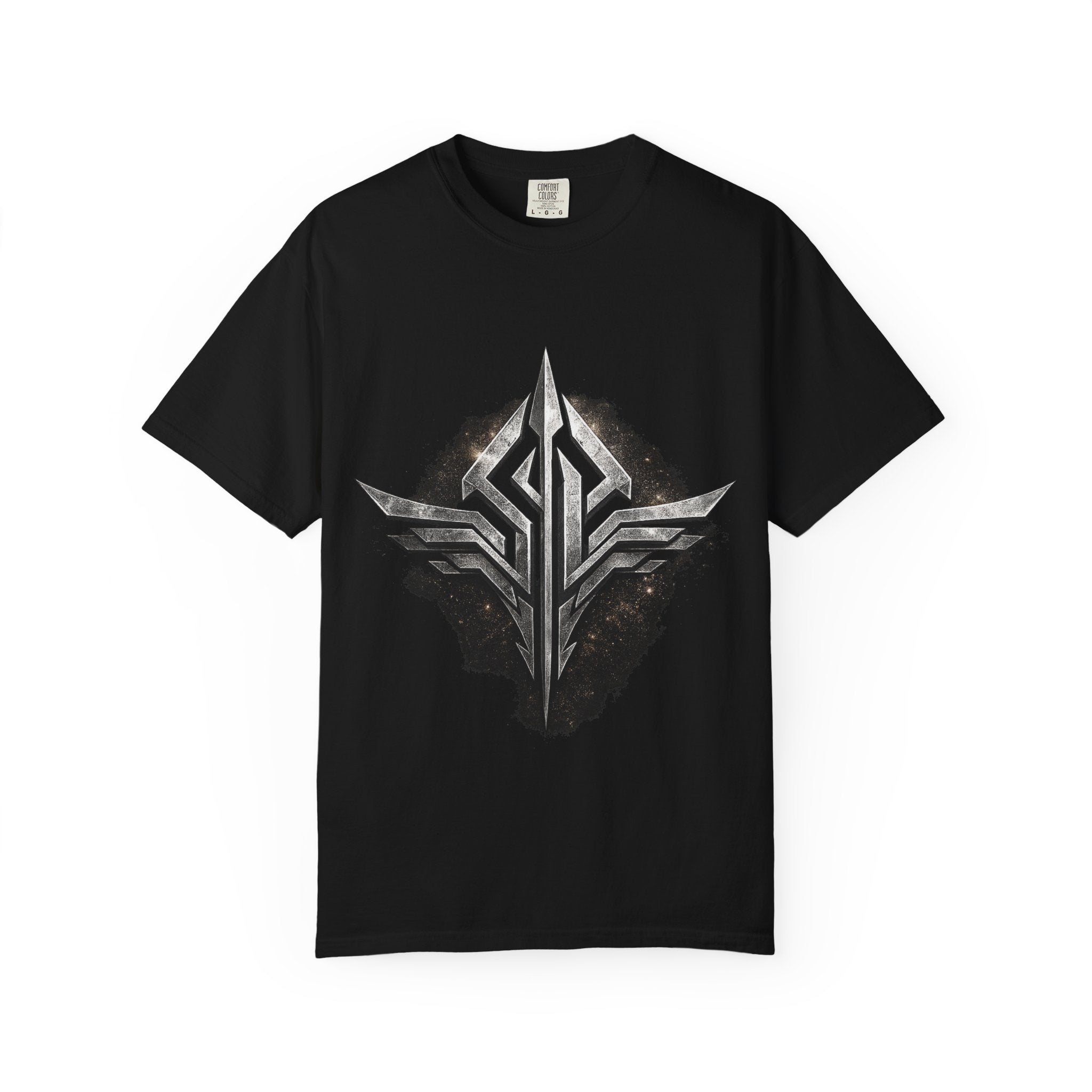 Futuristic Metal Emblem Graphic T‑Shirt