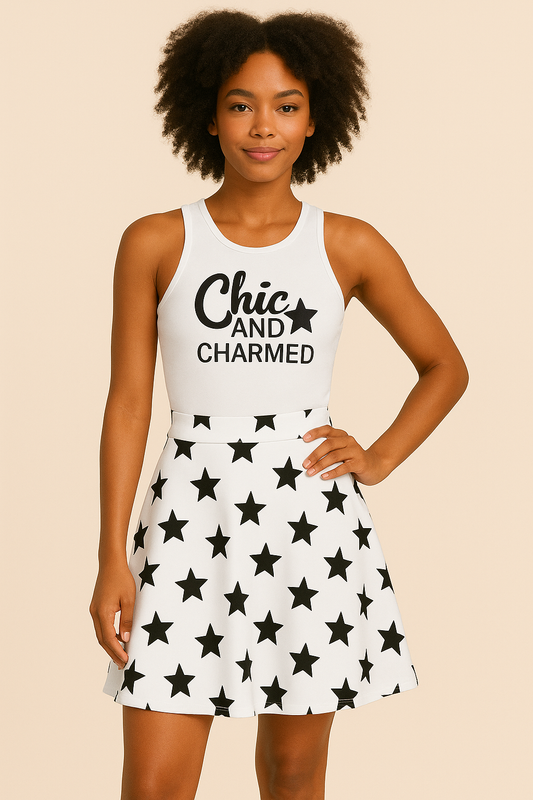 Chic and Charmed Micro Rib Racer Tank + Star Print Skirt Bundle